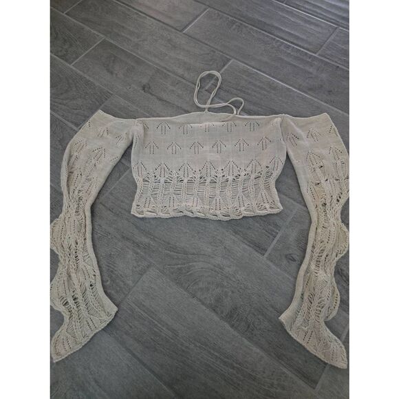 Urban Outfitters Laddered Knit Halterneck Crop Top Beige Cream Size L/XL Crochet - Picture 1 of 7